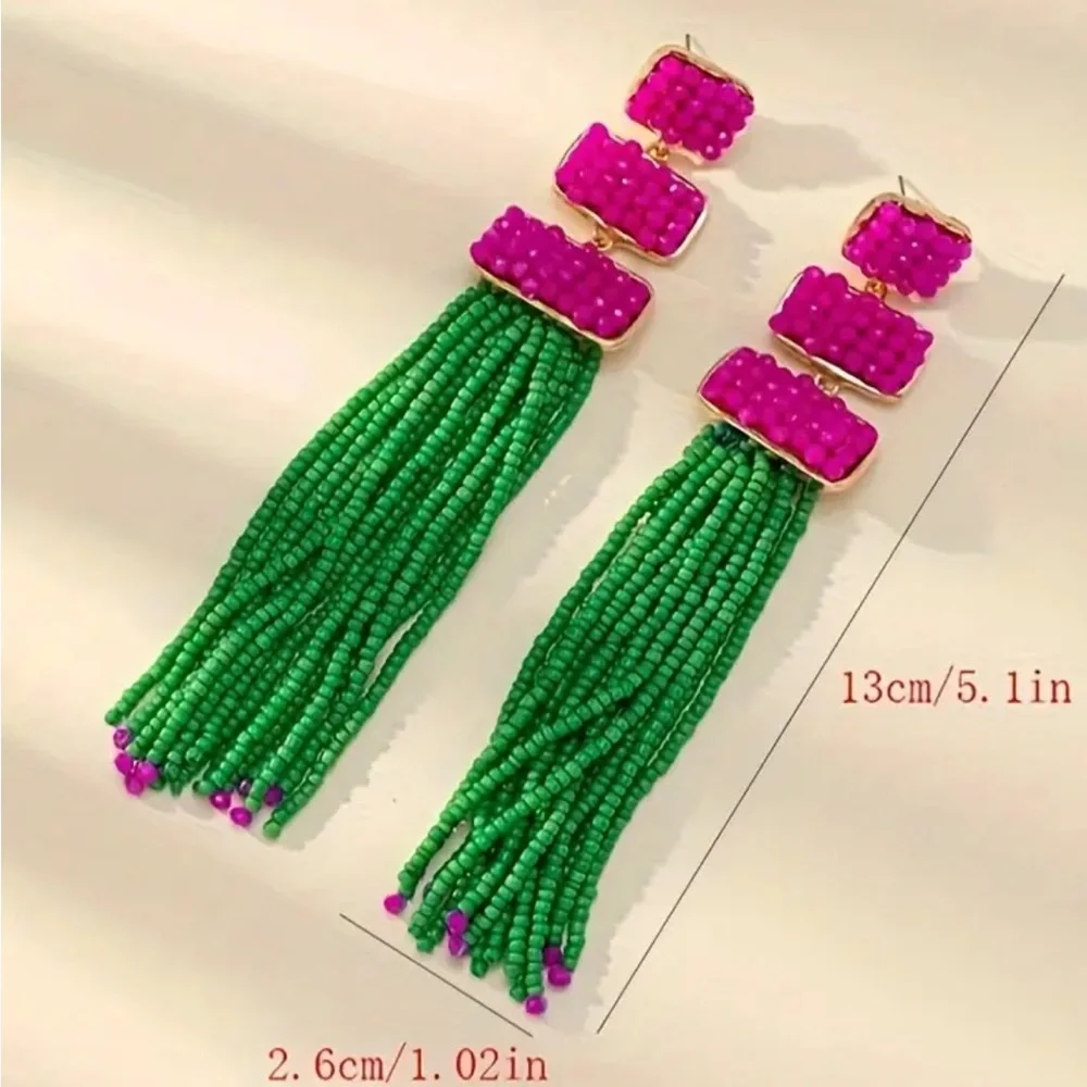 Green Beaded Tassel Dangle Earrings - Picture 4 of 4